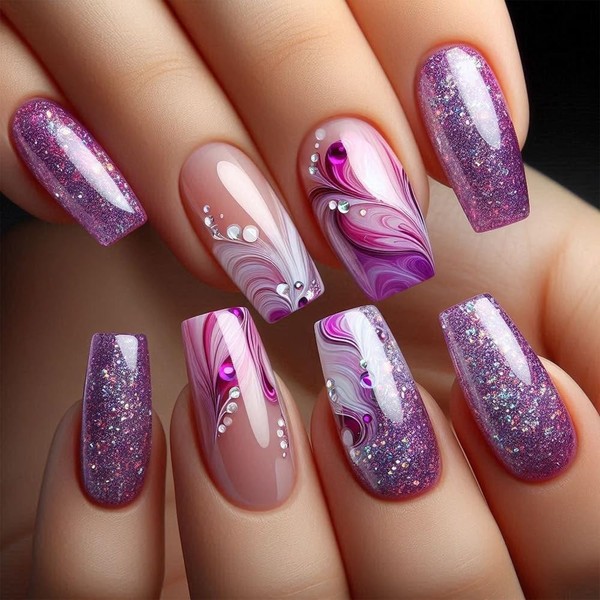 Purple Press on Nails Medium Coffin Fake Nails Gradient Acrylic