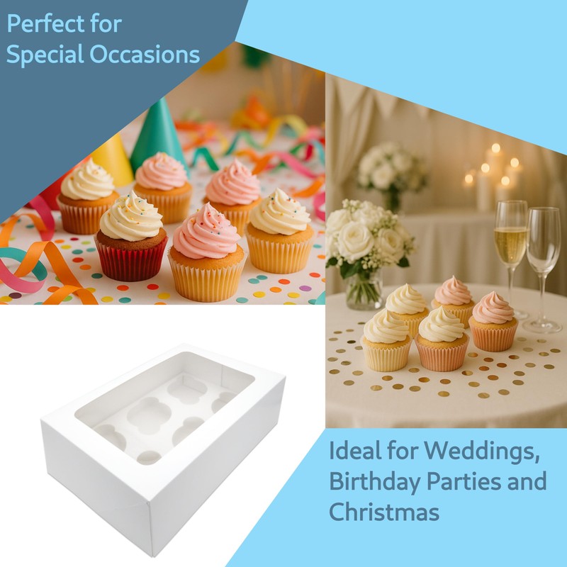 R&J 4 Pack - 6 Hole Cupcake Boxes, White Bakery