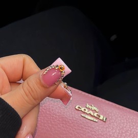 24Pcs Press on Nails Medium Duck Mouth Fake Nails Pink French Tip Acrylic False Nails with Charms Butterfly and Rhinestones Designs Nails Sweet Cool Pink Glue on Nails Glossy Stick on Nails for Women