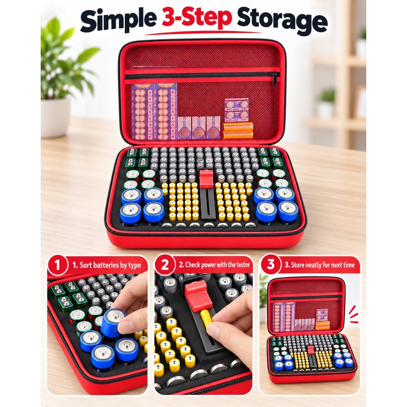 Battery Organizer Case with Tester for Home Storage – Hard-Shell