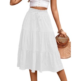 HELYO Women's Casual Summer Skirt 626s Boho Elastic Waisted Flowy Drawstring Ruched A Line Tiered Midi Dress Skirt 626 White XL
