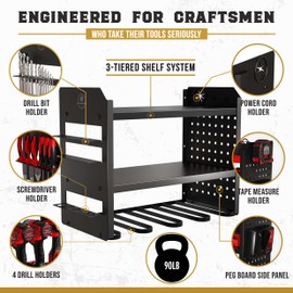 BUILTSTRONG Power Tool Organizer Wall Mount - 3-Tier Heavy-Duty Metal Hand Tool Storage Rack, Utility Racks, Drill Holder, PegBoard Side, & More - Garage Storage Cordless Tool Organizer (Black)