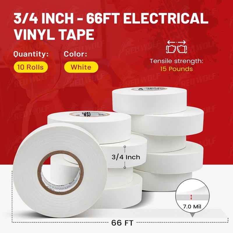 RED WOLF 10 Pack White Electrical Tape 3/4 in x