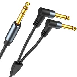 Tunghey 1/4 Insert Cable - TRS Stereo to Dual Right Angle TS Mono Y-Splitter Breakout Cable - 6.35mm Male Connectors - 1.5M