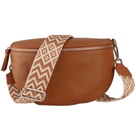 MIRROSI® Women's Bum Bag, Genuine Leather, Made in Italy, Shoulder Bag, Chest Bag, Crossbody Bag (1 Bag & 2 Straps), Cognac (Bohemian Brown Beige), Bohemian