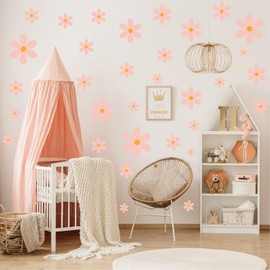 Tivleed 6 Sheets Daisy Wall Stickers Waterproof Vinyl Flower Wall Decals for Kids Bedroom, Playroom, Nursery, Living Room-Pink/Purple/Orange, Fade & Peel-Resistant