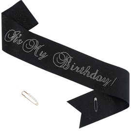 ZHBDPaty ′it's my birthday′ Birthday Girl Rhinestone Text Black Sash with Pearl Safety Pin Party Favors For Girl Women