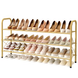 Hoctieon 3 Tier Durable Mesh Style Shoe Rack, Entryway Shoe Shelf, Shoe Rack Free Standing, Shoe Storage Organizer, Shoe Rack for Closet, Gold