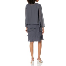 S.L. Fashions Women's Mother of The Bride Jacket Dress with Embellished Shoulder, Steel, 16