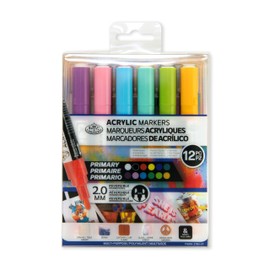 Royal & Langnickel 12pc ACRYLIC PAINT ARTIST MARKERS 2MM REVERISBLE TIP PRIMARY COLOURS