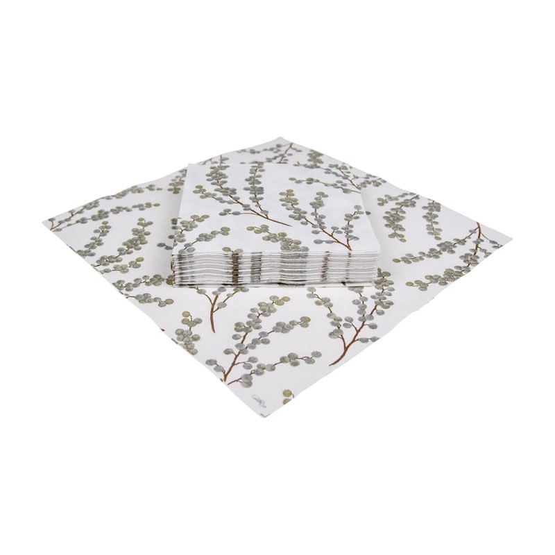Caspari Berry Branches Paper Cocktail Napkins in White & Silver