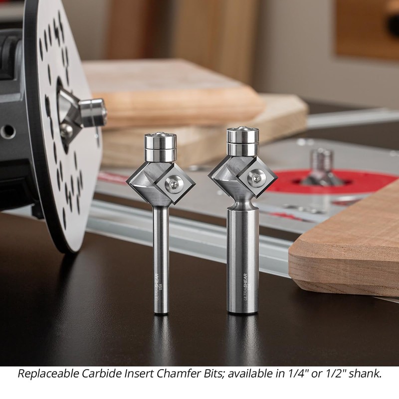Ultra-Shear Chamfer Router Bits, 1/4 Shank, 45 Degree, Twin Pilot