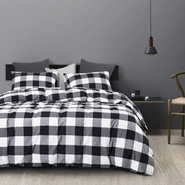 Wake In Cloud - Washed Cotton Duvet Cover Set, Buffalo Check Gingham Plaid Geometric Checker Printed in White Black and Gray, 100% Cotton Bedding, with Zipper Closure (3pcs, Queen Size)