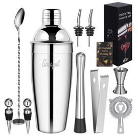 Sosayet Cocktail Shaker Set, 10-Piece Stainless Steel Cocktail Set with Accessories & Recipe Cards, 750 ml Bartender Set for Beginners & Professionals - Gift for Men