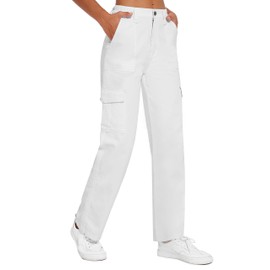 Tapata Women's 32" Straight Leg Cargo Pants Long Trendy Casual Pants Y2k Streetwear Trousers 6 Pockets White, XL