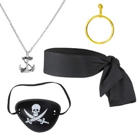 Beelittle Captain Pirate Costume Accessories Set Red Headband Pirate Skull Eye Patch Gold Earrring Necklace (Black 1)
