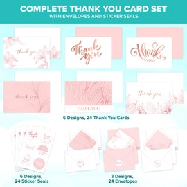Decorably Thank You Cards with Envelopes & Stickers, Gold-Foiled Cards - 24 Thank You Cards Rose Gold Thank You Cards, Thank You Cards with Envelopes Pink, 6x4in Pink Baby Shower Thank You Cards Pink