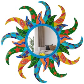 YIWEMON Colorful Sun Wall Mirror Decorative 25 inch Metal Frame Sunburst Boho Mirror for Entryway Bedroom Living Room Bathroom House Warming Gifts New Home Essential (Blue)
