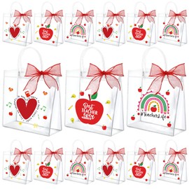 SilTriangle 30 Pcs Teacher Appreciation Gift Bags with Handles 7.8 x 7.8 x 3.1'' Clear Teacher Gifts Bag with Red Bow Ribbon Reusable Plastic Gift Bags for Graduation Teacher Day Supplies