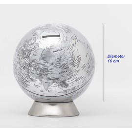 Exerz Money Box Globe/Piggy Bank, Diameter 16cm, Contemporary Metal-looking, Stainless Steel Base, Political Map, Educational, Decorative - Silver