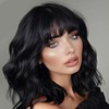 CoCrowns Short Wavy Wig with Air Bangs Shoulder Length Women's