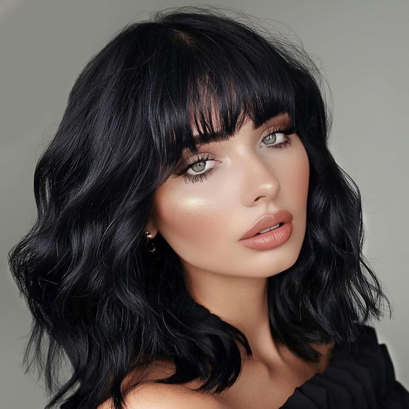 CoCrowns Short Wavy Wig with Air Bangs Shoulder Length Women's