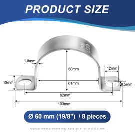 Pack of 8 Pipe Clamps, Jyeelen Diameter 60 mm Mounting Clamp Thickening 304 Stainless Steel Pipe Holder for Pipes, Cables, Water Pipes, Gas Pipes etc.