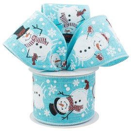 Blue Snowmen Wired Christmas Ribbon - 2 1/2" x 10 Yards, Snowflakes, Presents, Garland, Wreath, Bows, Gift Wrapping, Xmas Tree Topper, Streamer