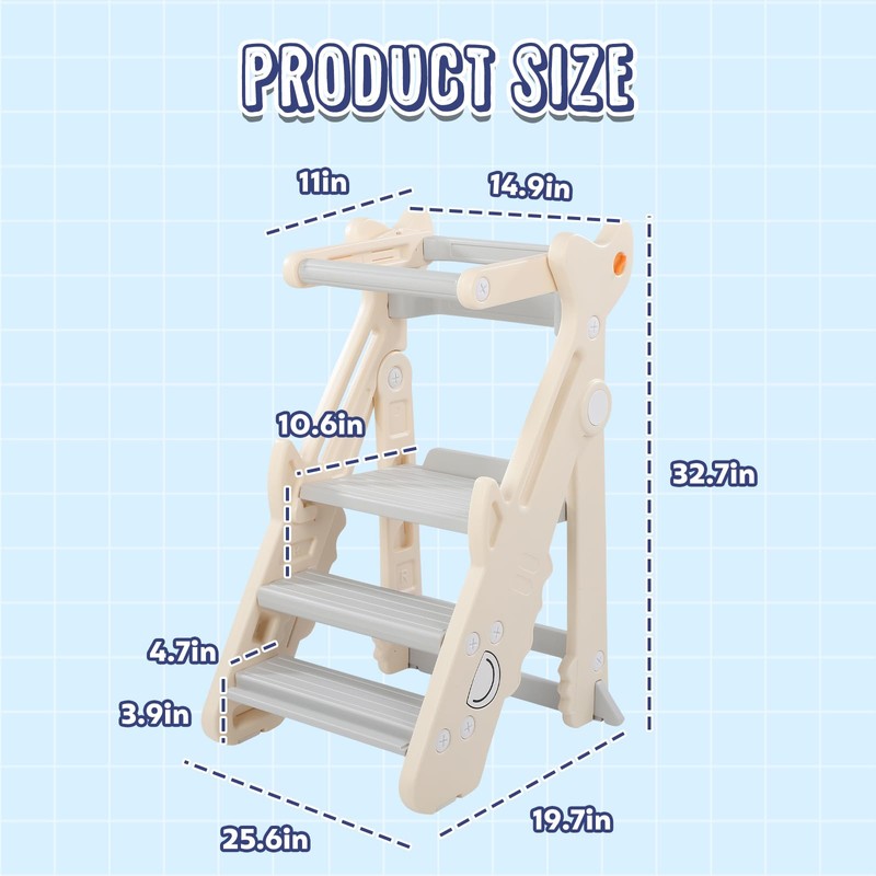 Foldable Toddler Tower, Toddler Kitchen Step Stool Helper, Height-Adjustable Foldable