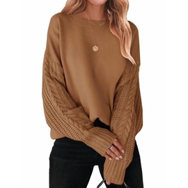 ZESICA Women's Fall Long Sleeve Crew Neck Solid Color Cable Knit Chunky Casual Oversized Pullover Sweater Tops,Camel,XX-Large
