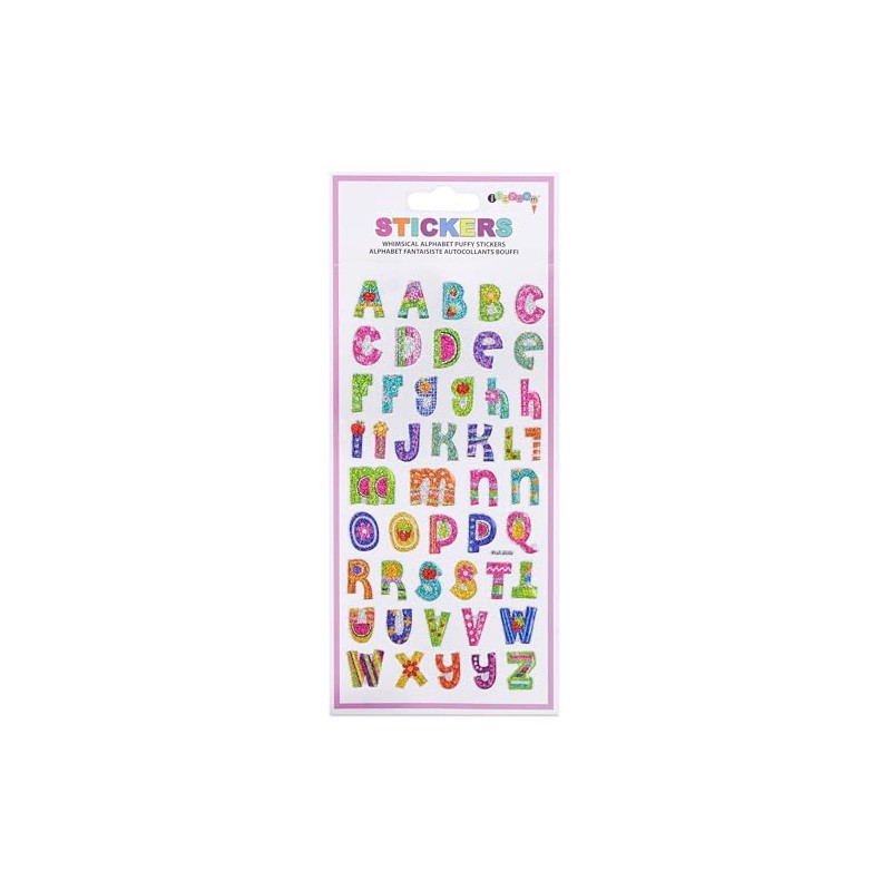 iscream Whimsical Glitter Alphabet Letters Puffy Embossed 50-Piece Sticker Sheet