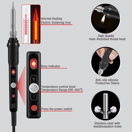 Soldering Iron Set, 60 W Soldering Iron Soldering Set with On/Off Switch 200-450 °C, Adjustable Temperature Button, 5 Soldering Tips, Curved Tweezers, Soldering Wire, Iron Stand with Sponge, Pro