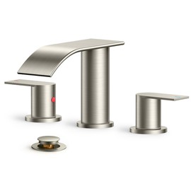 FORIOUS Upgrade Brushed Nickel Waterfall Bathroom Faucets 3 Hole, 8 Inch Widespread Modern Bathroom Sink Faucet with Metal Pop-up Drain and Supply Lines, Two Handles for Vanity, Farmhouse, Remodel