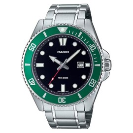 Casio MDV107D-3A Analog Silver Strap Unisex Adult Watch, Black/Green Dial, 49.5 × 44.2 × 12.1 mm