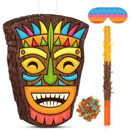 Small Tiki Pinata Tropical Hawaii Pinata with Blindfold Bat Confetti Aloha Luau Pinatas for Girls Boys Kids Hawaiian Luau Themed Party Decoration Summer Birthday Party Supplies, 15.7 x 3.1 x 12.2 Inch