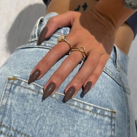 Dark Brown Press on Nails Medium Stiletto Almond,KQueenest Pure Color Fall Winter Acrylic Nails Set Reusable Fake Nails with Feature Protective UV Coating for Women Nail Art Manicure in 24PCS