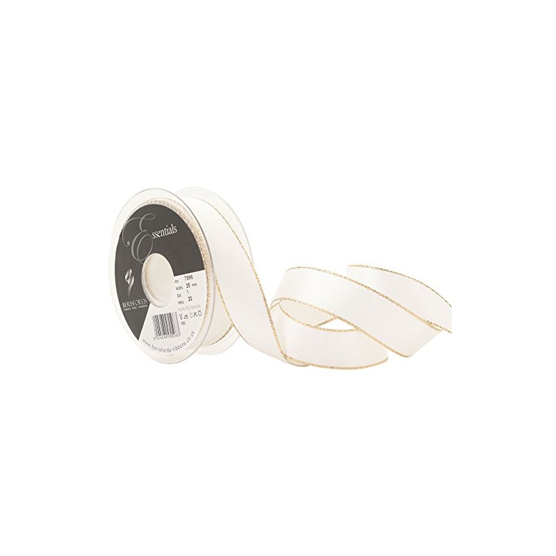 Berisfords Gold Edge Satin Ribbon, White, 25 mm