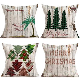 Fukeen Set of 4 Merry Christmas Vintage Wood Decor Pillow Covers Buffalo Check Plaids Xmas Tree Deer Mistletoe Throw Pillow Covers Cotton Linen 18x18 Inch Farmhouse Decorative Cushion Case Gifts