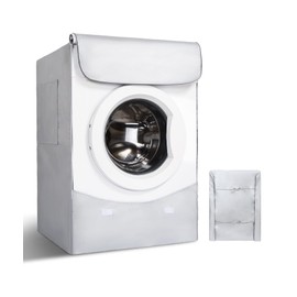 Hauprofi Front Loader Washing Machine Cover Waterproof Sun Protection Washing Machine Housing Dustproof Lid with Zip Washing Machine Cover with Side Pockets Silver 420D Oxford Fabric