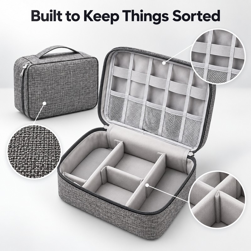 Waterproof Cable Storage Bag, Portable Electronic Organizer Case for USB