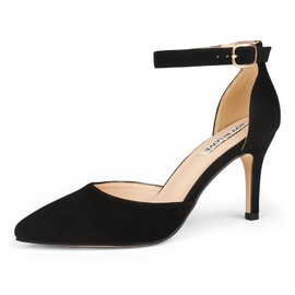 JOY IN LOVE Closed Toe Heels Pumps for Women 3IN Stiletto Pointed Toe Ankle Strap Heels Black Nubuck US6