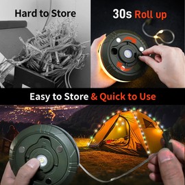 2 in 1 Camping String Lights Set - Outdoor Portable Stowable Camping Lights String & lanterns, 8 Modes (32.8ft) Retractable Camping Essentials Waterproof Camp Lights for Tent, Yard, Hiking