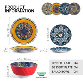 Plates and Bowls Sets, Ceramic Dinnerware Set Dishware Sets 12- Piece, Colorful Dishes Set for 4 - Hand-painted Dinner Plate, Salad/Dessert Plate, Soup/Cereal Bowl, Bohemian Style