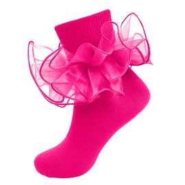 MKYSZLT Girls Ruffle Socks Toddler Girl Frilly Dress Socks Double Lace Big Ruffles Fold Over Church Fancy Sock for Baby Kids (US, Age, 8 Years, 10 Years, hot pink - 1 pair)