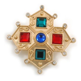 Vintage Inspired Multicoloured Glass Stones and Crystal Beads Cross Brooch in Gold Tone Metal - 45mm Across