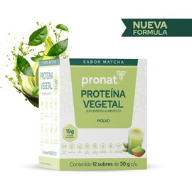 PRONAT Proteína Vegetal en Polvo Sabor Matcha 12 Sobres de 30 g 19 g de Proteína por Porción Sin Azúcar Sin Gluten Apta para Vegetarianos Con Prebióticos