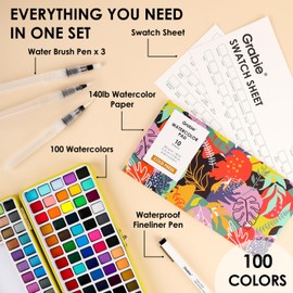 Grabie 100 Colors Premium All-In-One Watercolor Paint Set - 50 Essential, 35 Metallic, 10 Pastels, 5 Neon Hues - Portable Case, Brush Pens, Paper Pad, Waterproof Fineliner Pen, Beginner & Professional