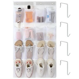 F-color Shoe Organizer for Cruise Ship Essentials - Mesh Over the Door Hanging Shoe Organizer Space Saving Large 16 Pockets Sturdy Quick Dry Mesh Organizer Hanging with 4 Hooks, White