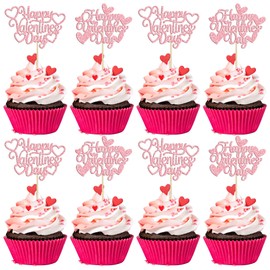 24 piezas de decoración para cupcakes con purpurina de corazón para el día de San Valentín, decoración de pasteles para el día de San Valentín, suministros para fiestas de cumpleaños, color rosa