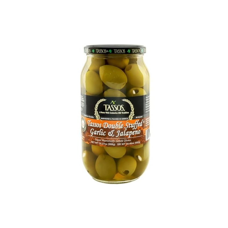Tassos Double Stuffed Jalapeno And Garlic Super Mammoth Olives Imported